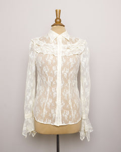 Y2K Express Ivory laced button down long sleeve blouse with a ruffle bib and bell handkerchief sleeves.