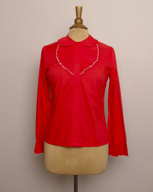 1970's Red long sleeve button up top with a accordion pleated bib & peter pan collar