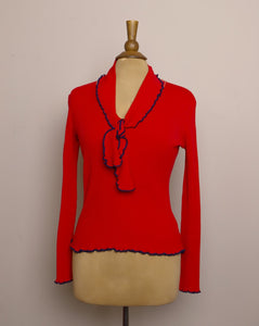 1970's Red ribbed V-neck top with navy blue lettuce trim & tie bow tie