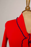 1970's Red ribbed V-neck top with navy blue lettuce trim & tie bow tie