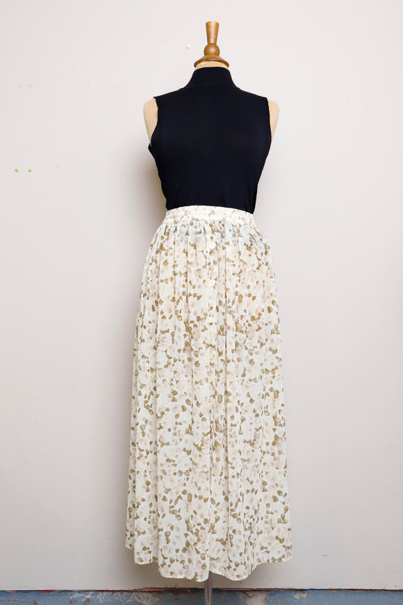 1990's Express Sheer ivory rose elastic waist midi button down skirt