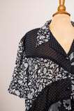 1990's Sheer Black & White floral and Polka dots color block Plus size button up top