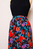 1990's Black Plus Size skirt with red, purple tropical flowers with pockets