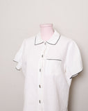 1990's White linen button down top with black outline & silver rectangle buttons