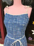 1970's Blue & White grid print summer dress w/tie straps & built in bra.