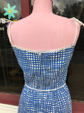 1970's Blue & White grid print summer dress w/tie straps & built in bra.