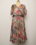 1970's Brown sheer floral dress with dolman tie sleeves and blouson top