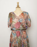 1970's Brown sheer floral dress with dolman tie sleeves and blouson top