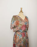 1970's Brown sheer floral dress with dolman tie sleeves and blouson top