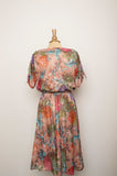 1970's Brown sheer floral dress with dolman tie sleeves and blouson top
