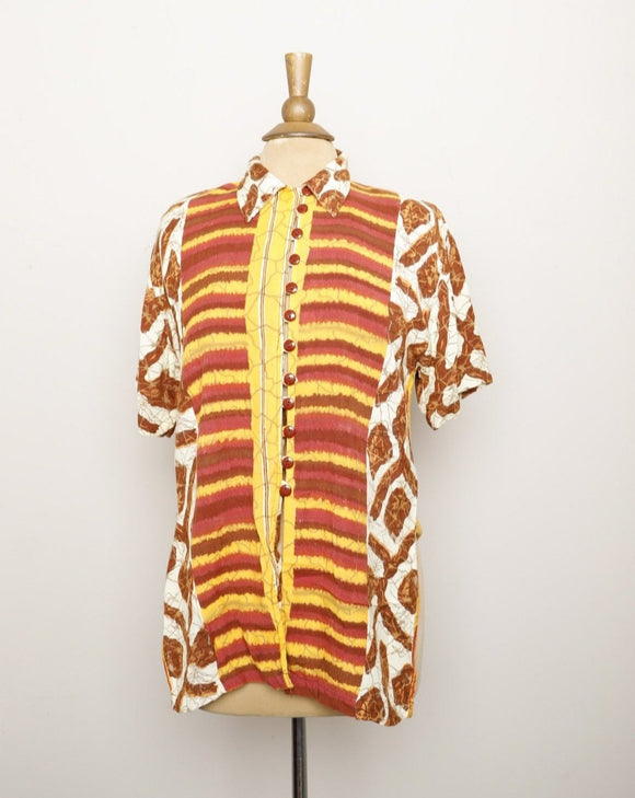 1990's Ivory, Mustard yellow & rust abstract button down short sleeve shirt