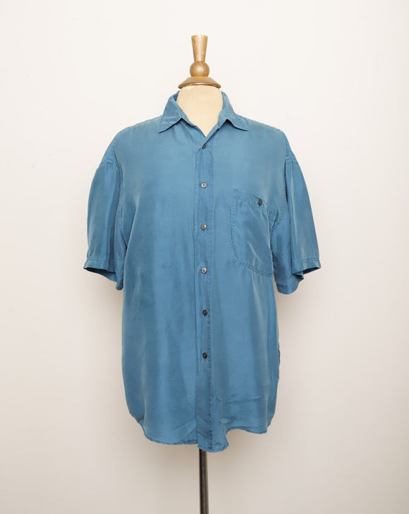 1990's Teal blue silk button down short sleeve shirt