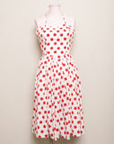 1970's White and Red polka dot halter dress with a full skirt & sweetheart neckline