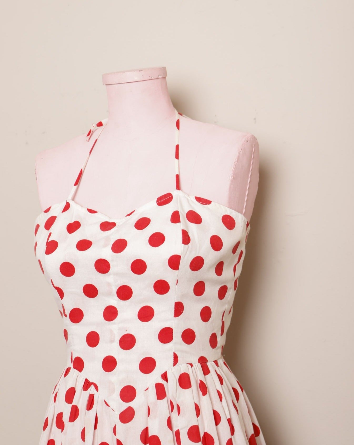 1970's White and Red polka dot halter dress with a full skirt & sweeth Vida Antigua Collective 1970's White and Red polka dot halter dress with a full skirt & sweeth Vida Antigua Collective
