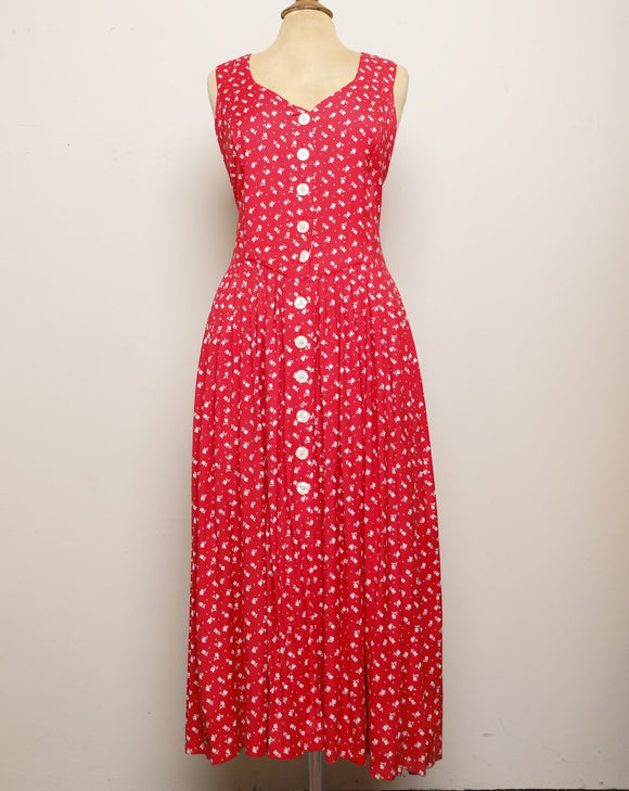 1990's Red sleeveless button down maxi dress with dainty white flowers & back corset lacing