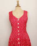 1990's Red sleeveless button down maxi dress with dainty white flowers & back corset lacing