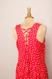 1990's Red sleeveless button down maxi dress with dainty white flowers & back corset lacing