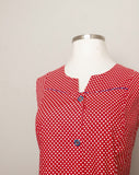 1970's Red & white polka dot sleeveless mod dress with navy trim & buttons with pockets