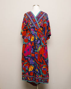 1990's Multi color abstract floral plus size dress with a faux wrap neckline