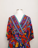 1990's Multi color abstract floral plus size dress with a faux wrap neckline