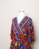 1990's Multi color abstract floral plus size dress with a faux wrap neckline