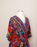 1990's Multi color abstract floral plus size dress with a faux wrap neckline
