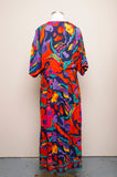 1990's Multi color abstract floral plus size dress with a faux wrap neckline