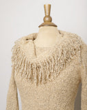 Y2K Tan pull over sweater with cowl fringe neckline