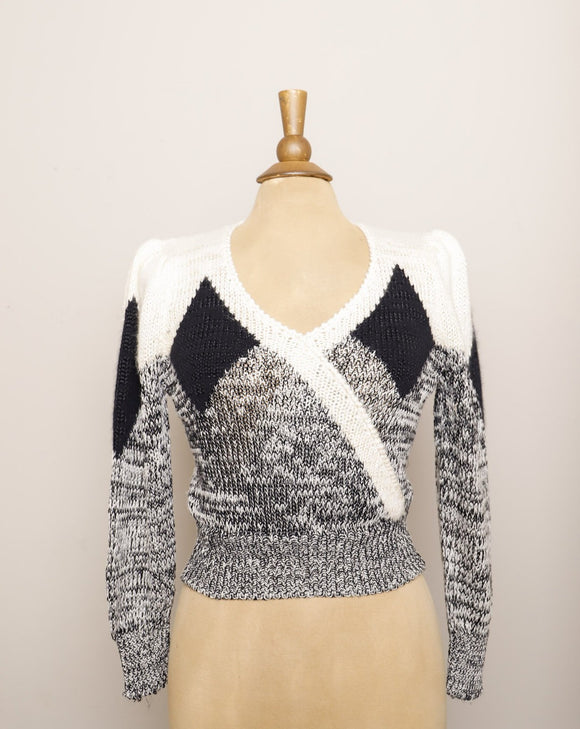 1980's Black & White puff sleeve V-neck sweater