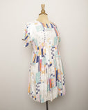 1990's Ivory baby doll dress with multi color abstract color block & sketch doodle print