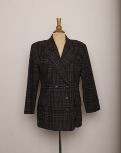 1990's Grey, red and gold plaid double breasted wool blazer.