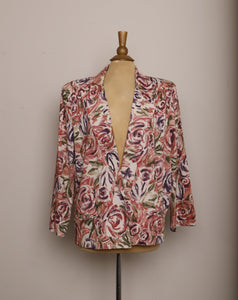 1980's Tan blazer with magenta & purple brush stroke roses