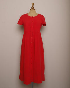 1990's Liz Sport Red button down day cotton dress with pleating on the bodice.