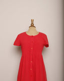1990's Liz Sport Red button down day cotton dress with pleating on the bodice.