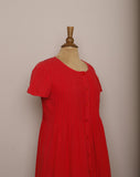 1990's Liz Sport Red button down day cotton dress with pleating on the bodice.