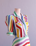 1980's White Rainbow striped shirt dress with puff sleeves