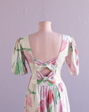 1980's White Dress with pink tulips & back cutouts and bows