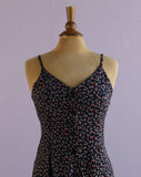 1990's Black Sleeveless Maxi dress with a dainty cherry print and back corset lacing