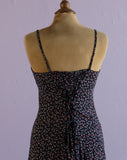 1990's Black Sleeveless Maxi dress with a dainty cherry print and back corset lacing