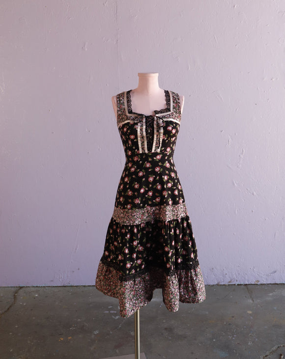 1970's Black Prairie style floral dress