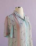 1990's Sheer White, Pastel Pink & teal striped confetti button down shirt