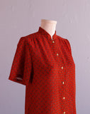 1980's Sheer Red abstract blouse with a mandarin collar