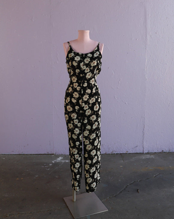 1990's Sleeveless Sheer Black Jumpsuit with white flowers