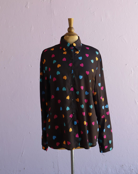 Black sheer rainbow heart button down shirt