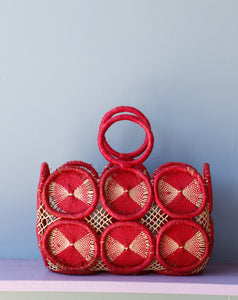 Amazing Mod Red crochet medallion straw handbag