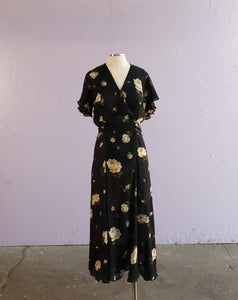 1970's Sheer Black floral wrap dress