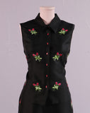 Y2K Black silk 2 pc set with embroidered pink rose bud flowers