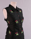 Y2K Black silk 2 pc set with embroidered pink rose bud flowers