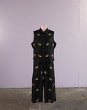 Y2K Black silk 2 pc set with embroidered pink rose bud flowers