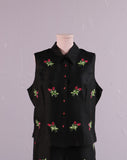 Y2K Black silk 2 pc set with embroidered pink rose bud flowers